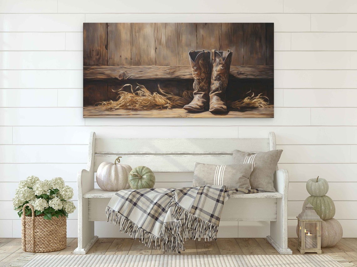 Cowboy Boots Oil Painting Framed Print Ready To Hang Rustic Art - Image 2