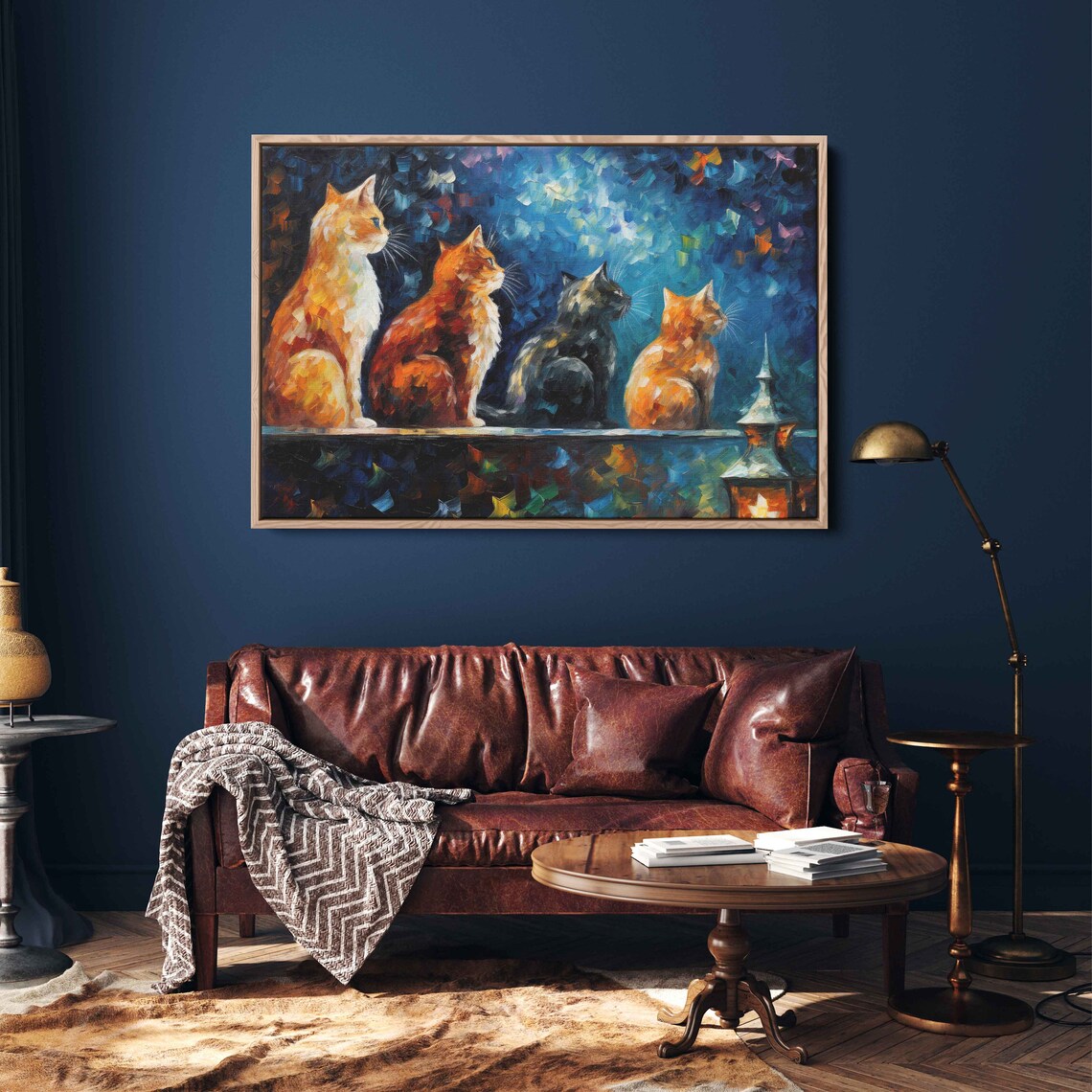 Four Stray Cats On Ledge Night City Lights Colorful Oil Painting Animal Poster - Image 2