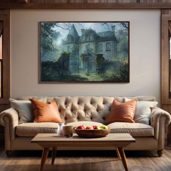 Overgrown Old Mansion With Iron Gates In Misty Fog Gray Green Tones Wall Art