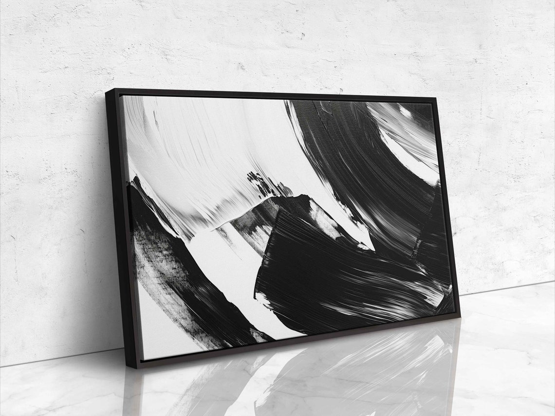 Black White Sweeping Brushstrokes Dramatic Abstract Painting Poster - Image 4