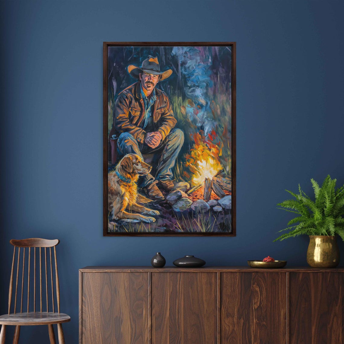Cowboy And Loyal Dog By Campfire At Night Western Scene Poster - Image 3