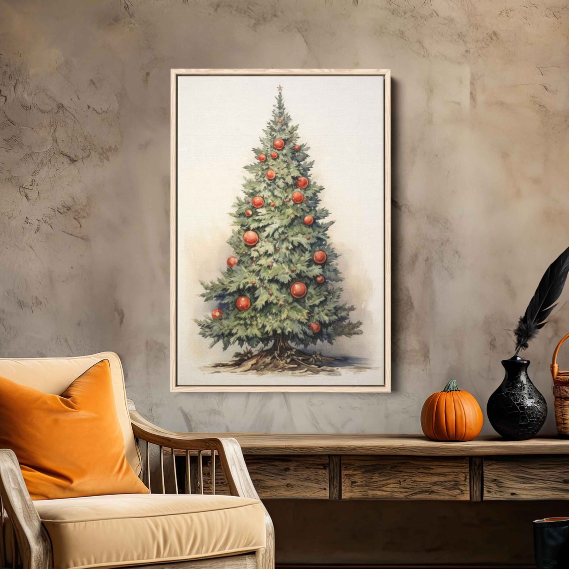 Elegant Minimalist Watercolor Christmas Tree Red Baubles Poster - Image 3