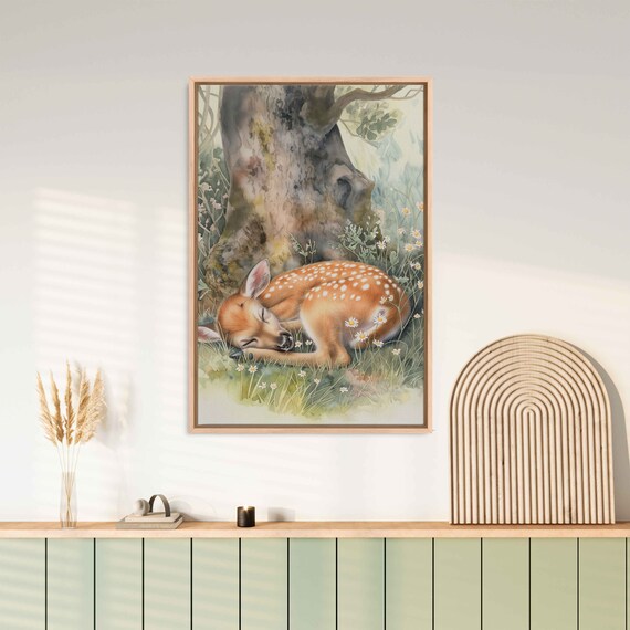 Sleeping Baby Deer Fawn Watercolor Tree Daisy Meadow Nature Poster