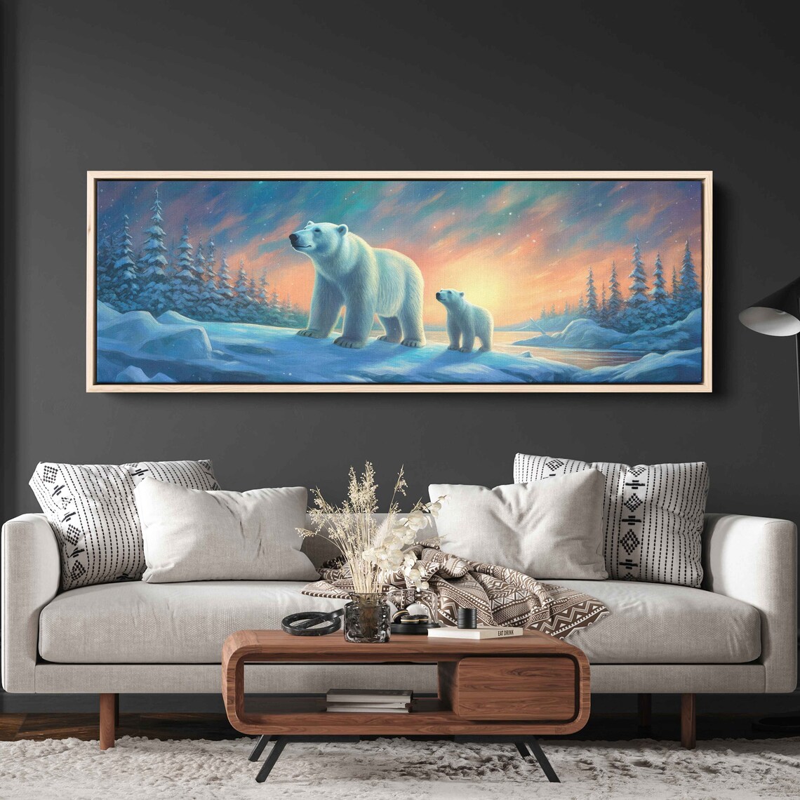 Mama Polar Bear and Cub Golden Sunset Snowy Pines Panoramic Wildlife Poster