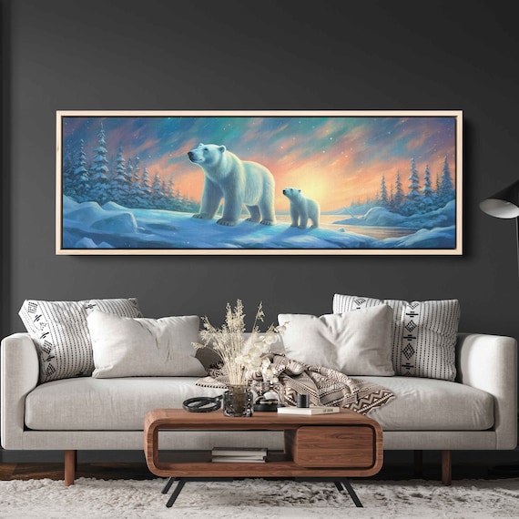 Mama Polar Bear and Cub Golden Sunset Snowy Pines Panoramic Wildlife Poster