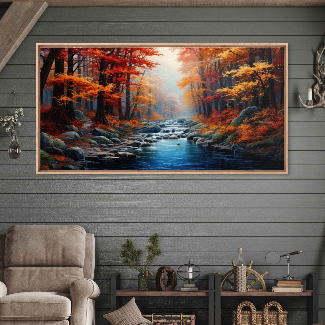 Misty Autumn Forest Stream Red Orange Fall Foliage Painting Poster - Image 3