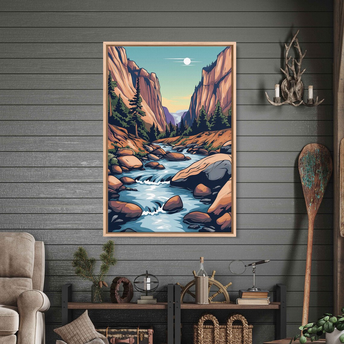 Flowing Rock River Colorful Valley Soothing Sunset Art Framed Print Ready To Hang - Image 2