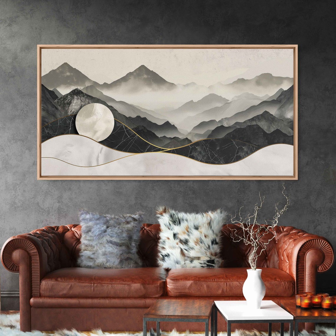 Panoramic Chinese Ink Mountains Gold Trim White Moon Minimalist Poster - Image 2