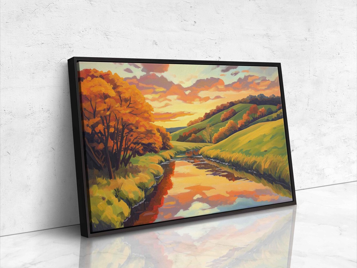 Serene Countryside Landscape, Autumn Foliage Stream - Image 4