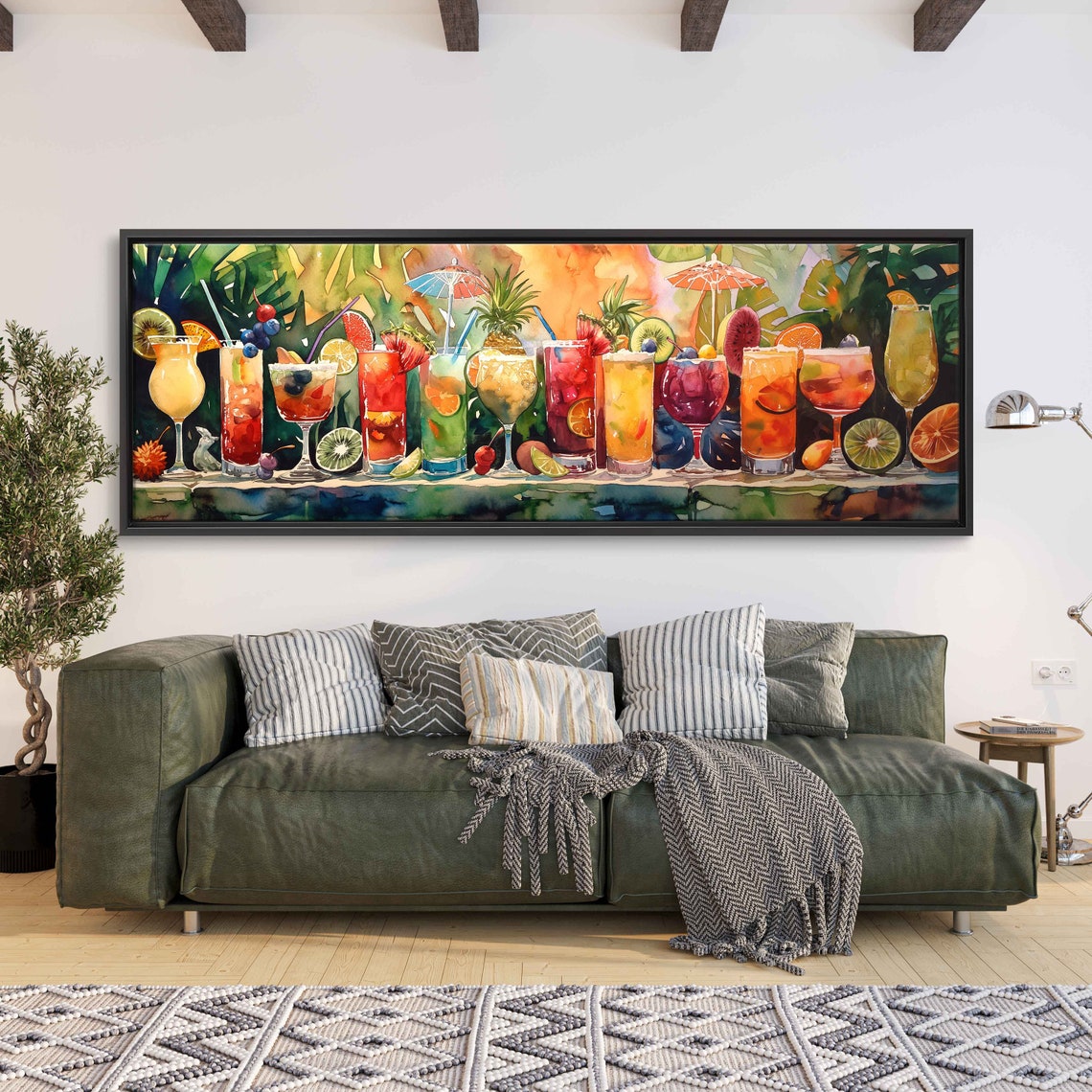 Panaramic Cocktail Painting Palm Trees In Sunset Vibrant Color Wall Art Print Ready To Hang