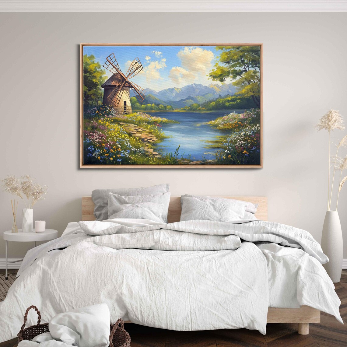Old Fashioned Windmill By Lake, Wildflowers Landscape