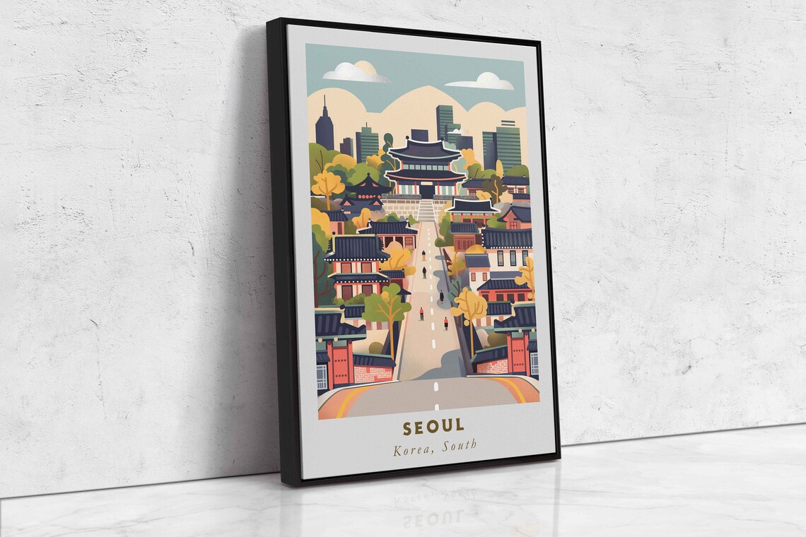 Seoul Korea Old Town Hanok Street Palace Skyline View Travel Poster - Image 2