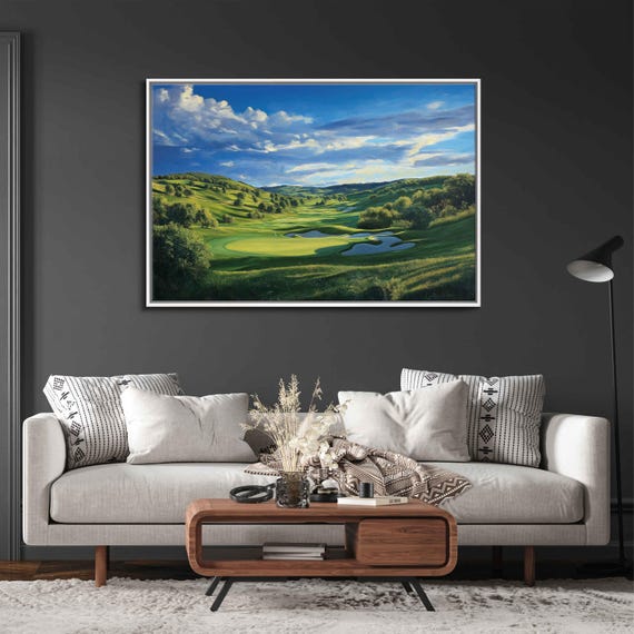 Vibrant Golf Course Wall Art Print Rolling Green Hills Bright Blue Sky