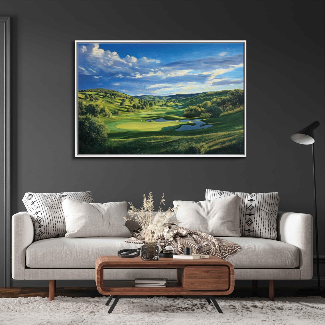 Rolling Hills Golf Course Green Fairway Lake Blue Sky Sports Poster