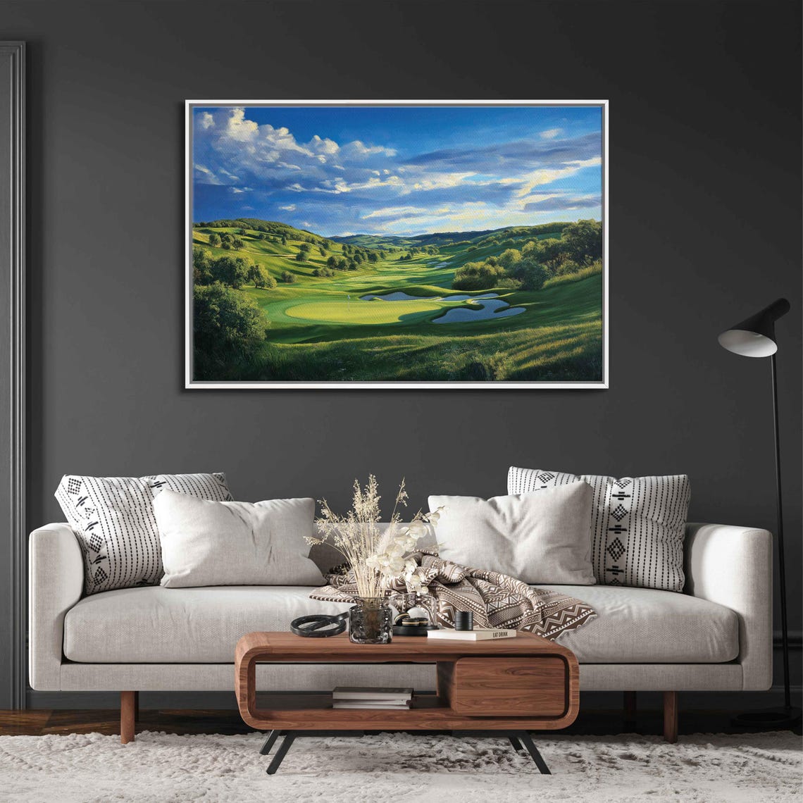 Vibrant Golf Course Wall Art Print Rolling Green Hills Bright Blue Sky