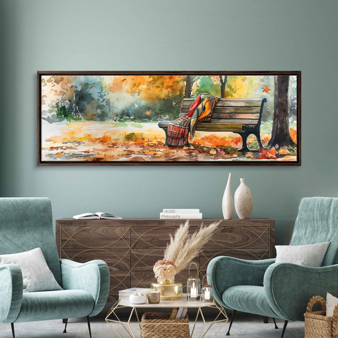 Park Bench With Red Plaid Blanket In Autumn Park Watercolor Poster