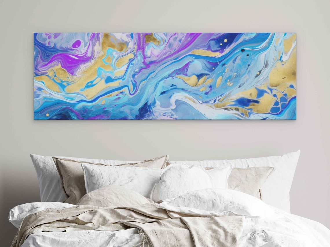 Blue Purple Gold Panoramic Marble Flow Abstract Wall Art Poster