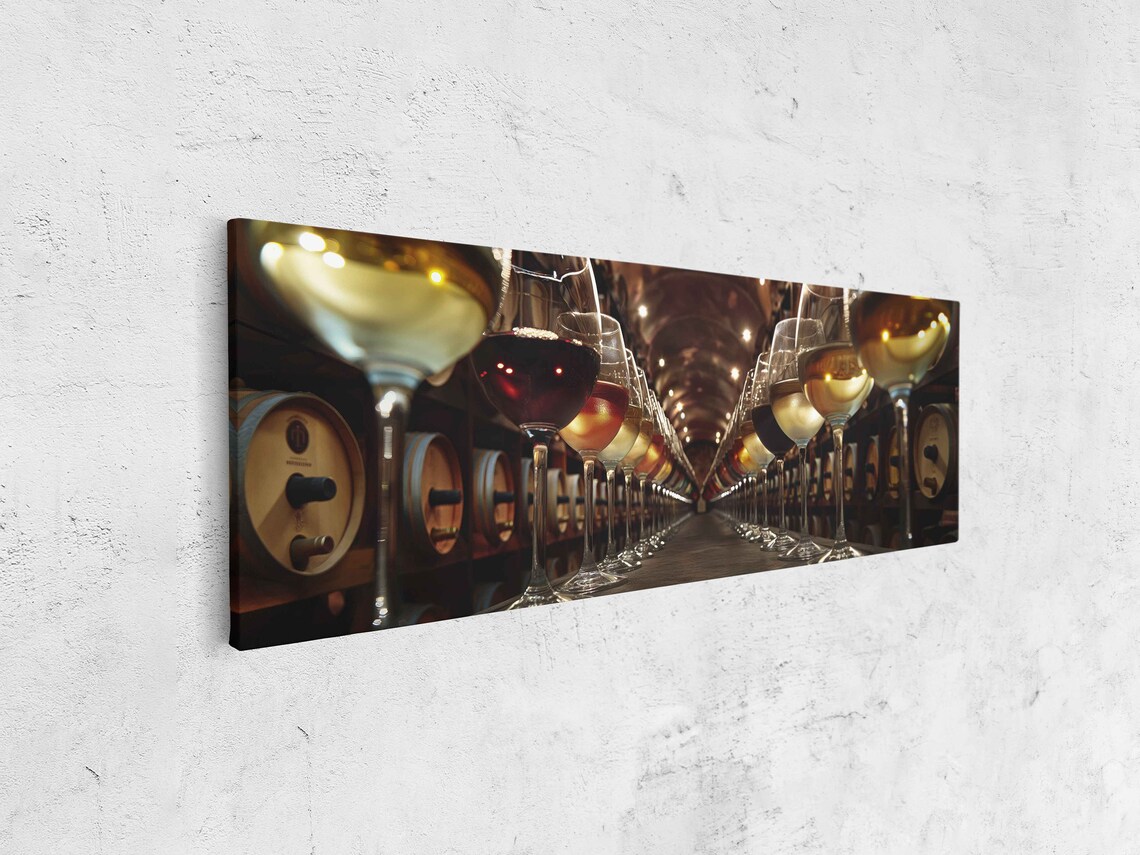 Wine Cellar Barrels Glasses Rows Warm Tunnel Light Panoramic Photo Poster - Image 4