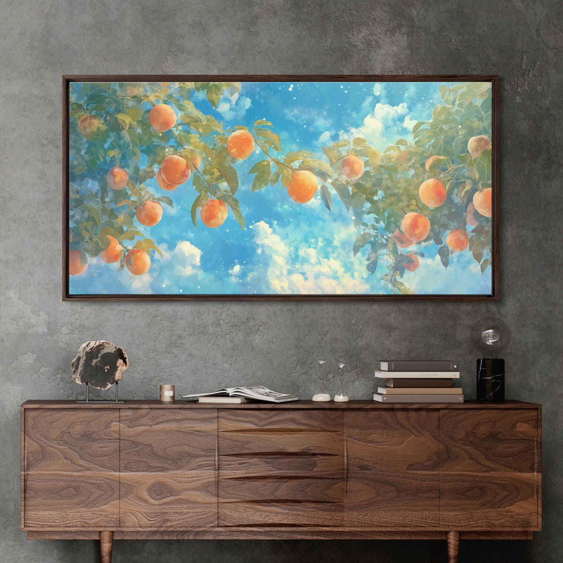 Ripe Peaches on Green Branches Under a Bright Blue Summer Sky Poster - Image 3