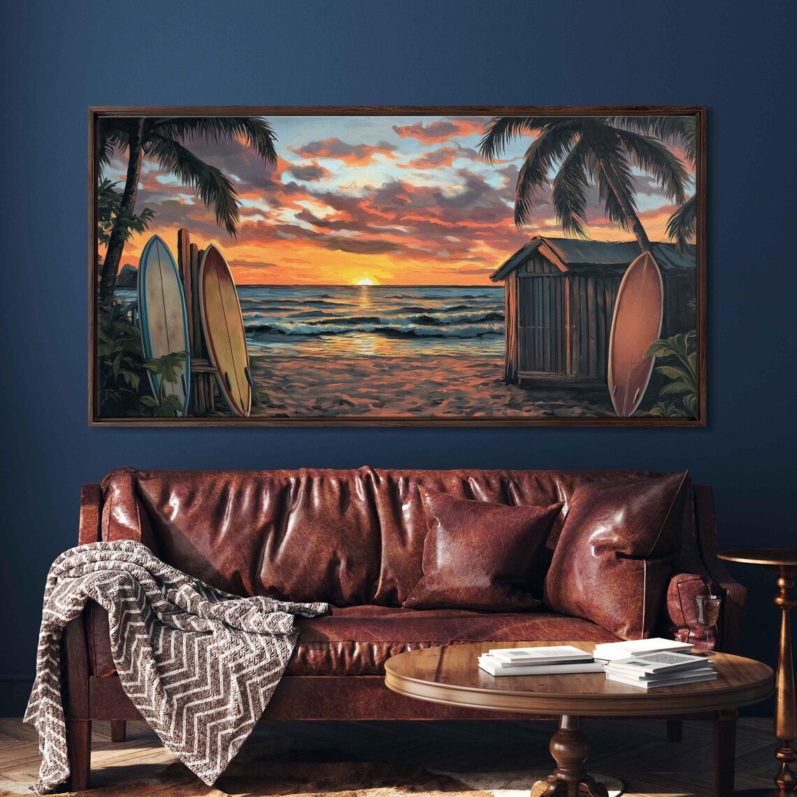 Vintage Beach Scene, Classic Surfboards Tropical Sunset