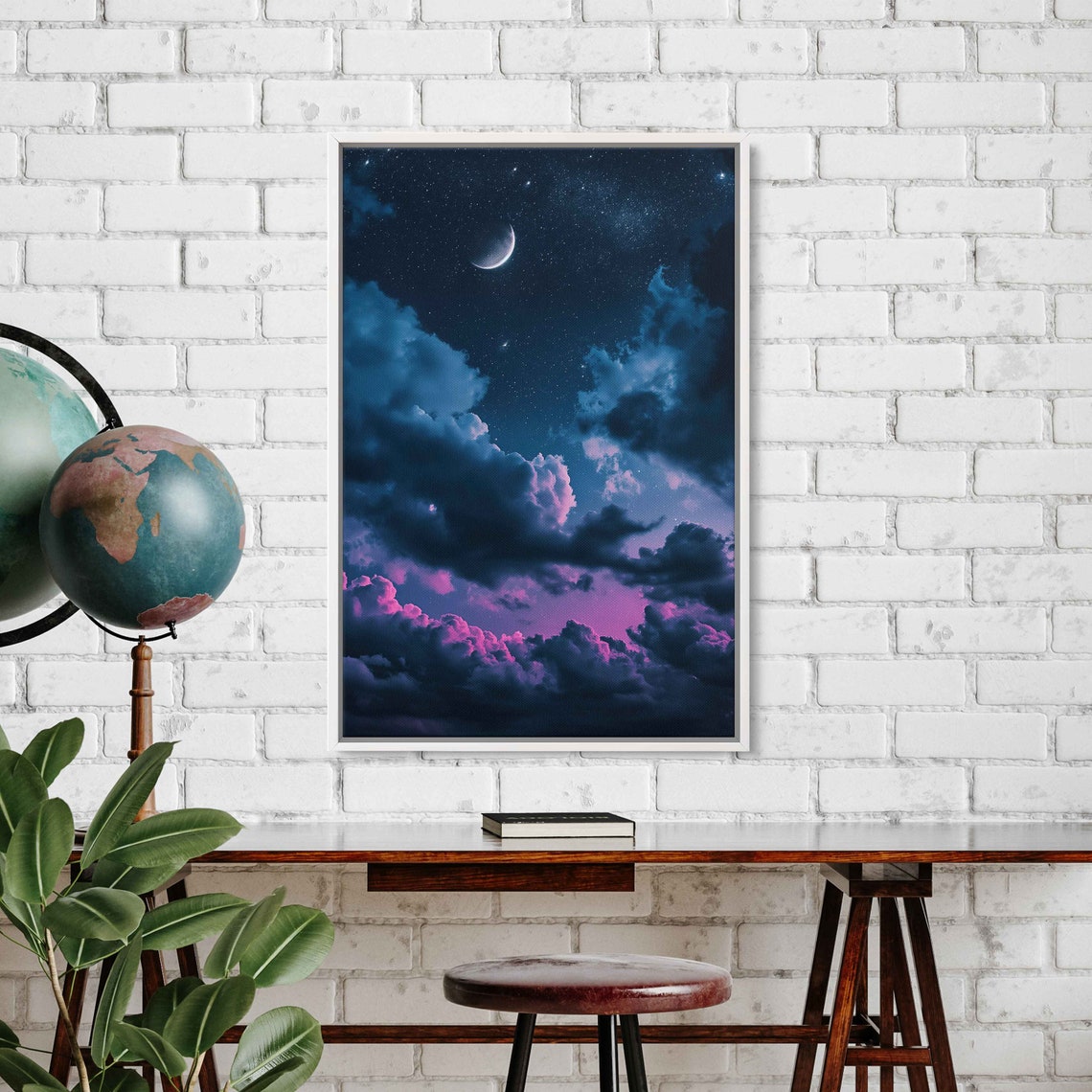 Crescent Moon In Starry Sky With Purple Clouds Night Art Poster - Image 3