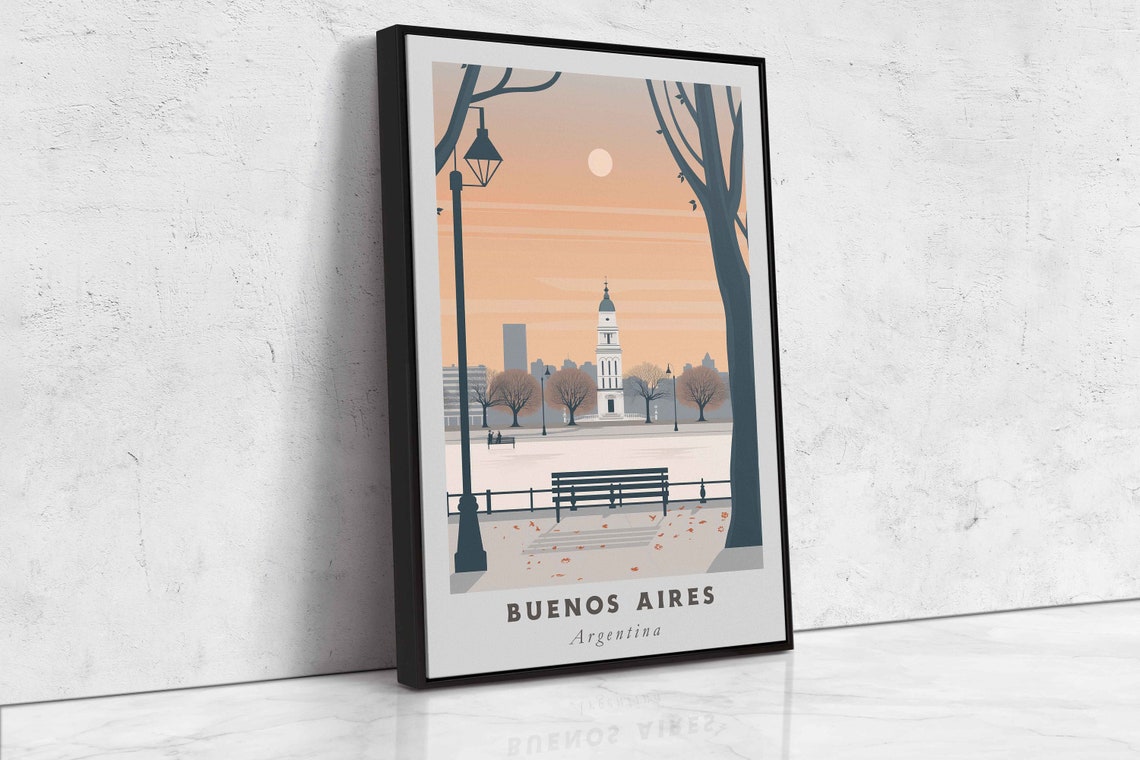 Buenos Aires Argentina Autumn Park Sunset Bench Clock Tower Poster - Image 2