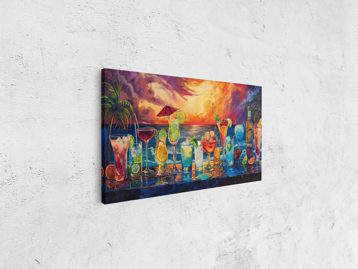 Panaramic Cocktail Painting Palm Trees In Sunset Vibrant Color Wall Art Print Ready To Hang - Image 4