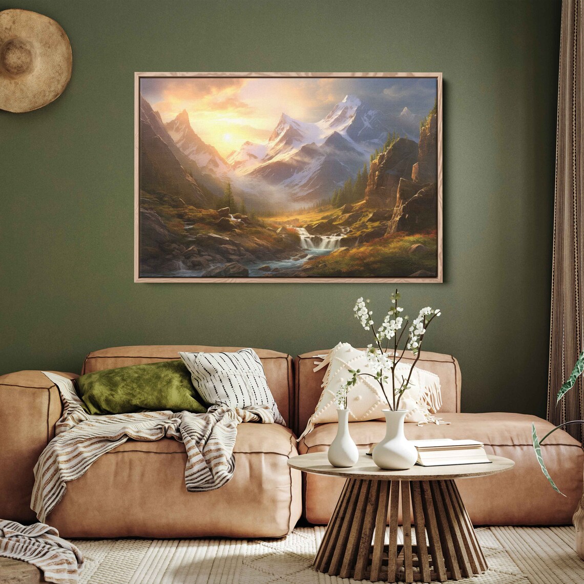 Captivating Sunlit Landscape Painting Mountain Valley Forest Framed Print Ready To Hang