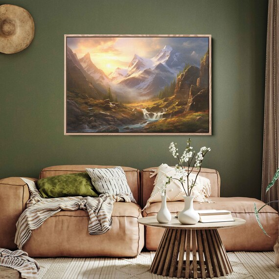 Captivating Sunlit Landscape Painting Mountain Valley Forest Framed Print Ready To Hang