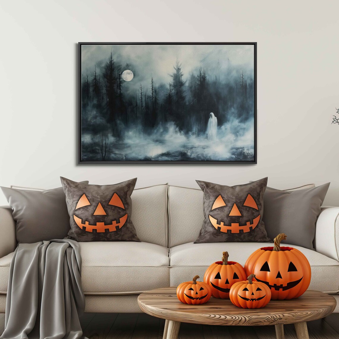 Ghostly Figure In Foggy Pine Forest Full Moon Night Spooky Poster