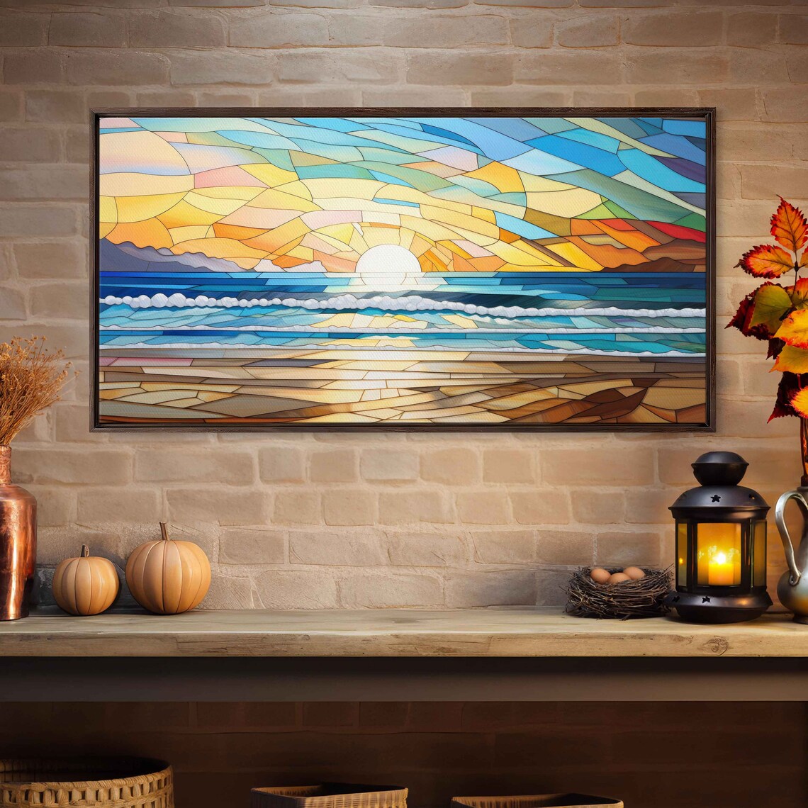 Mosaic Ocean Sunrise Stained Glass Waves Sandy Beach Art Poster - Image 3