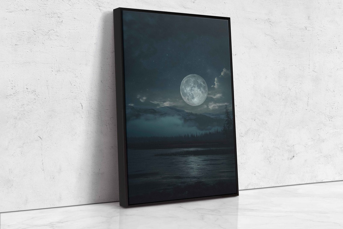 Full Moon In Night Sky Calm Dark Waters Wall Art Print Ready To Hang - Image 4