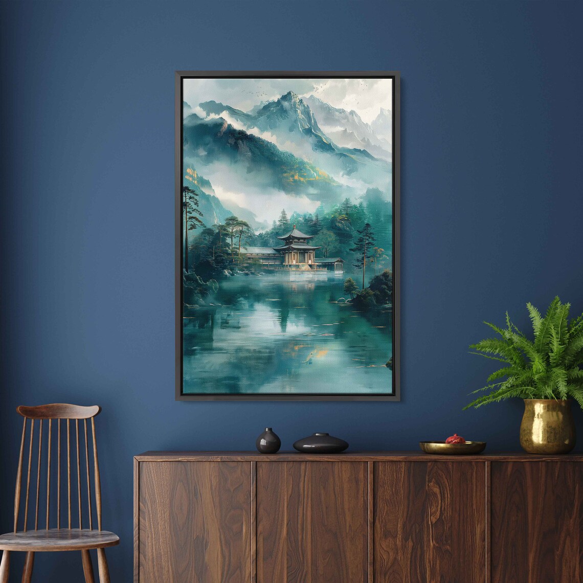 Asian Pagoda Misty Mountains Lake In Forest Painting Framed Print Ready To Hang - Image 2