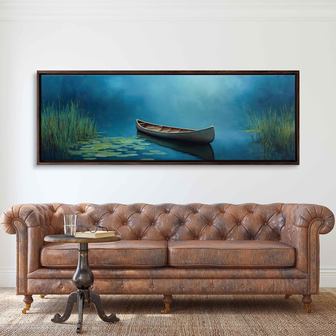 Solitary Canoe On Misty Blue Lake Lily Pads Atmospheric Art Poster