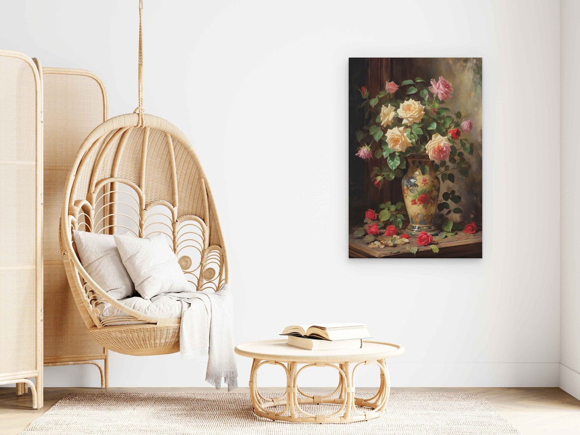 Classic Roses In Patterned Vase Still Life Oil Painting Poster - Image 3
