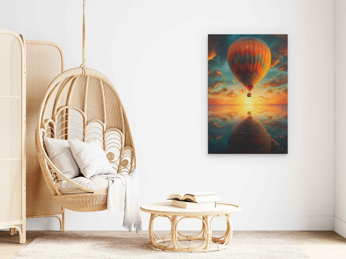 Hot Air Balloon Sunset Ocean Reflection Vibrant Art Travel Poster - Image 3