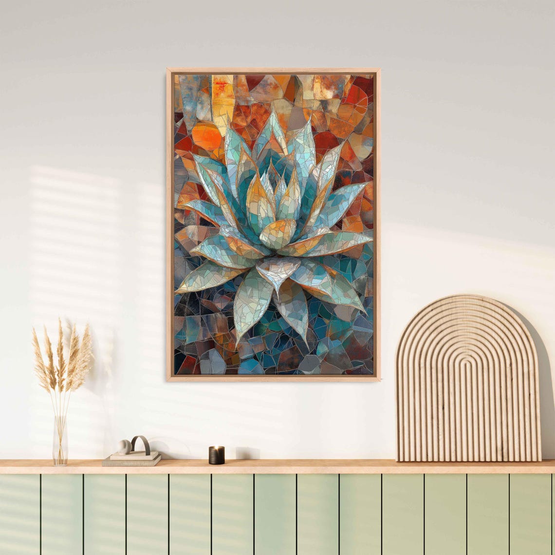 Mosaic Stained Glass Style Blue Agave Geometric Plant Art Poster