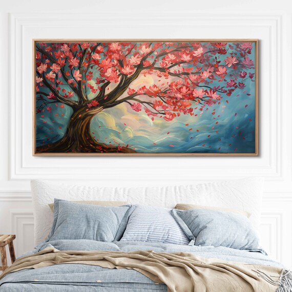 Vibrant Cherry Blossom Tree Painting Cherry Blossom Petals Vivid Color Wall Art Print Ready To Hang
