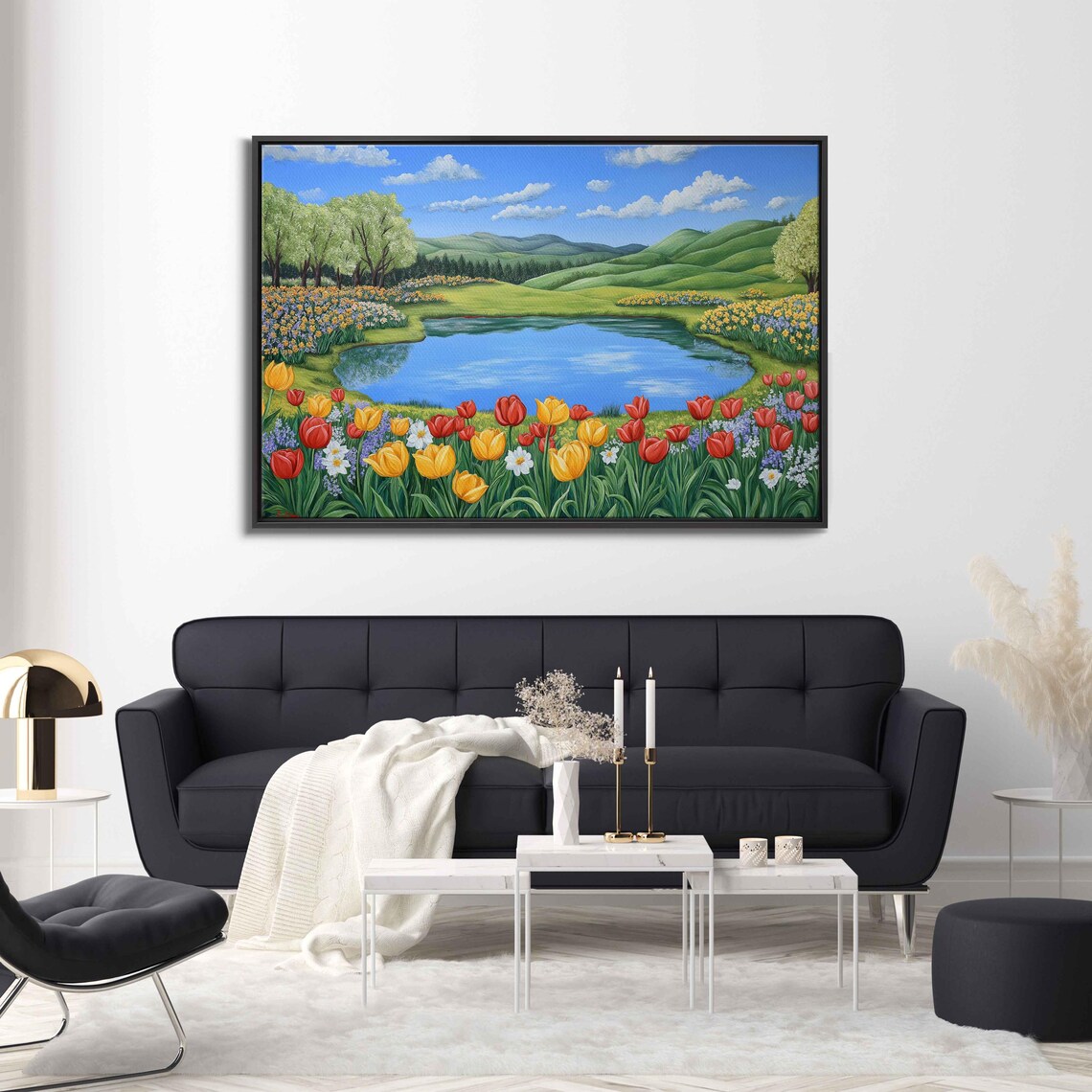 Spring Landscape, Colorful Tulips And Daffodils
