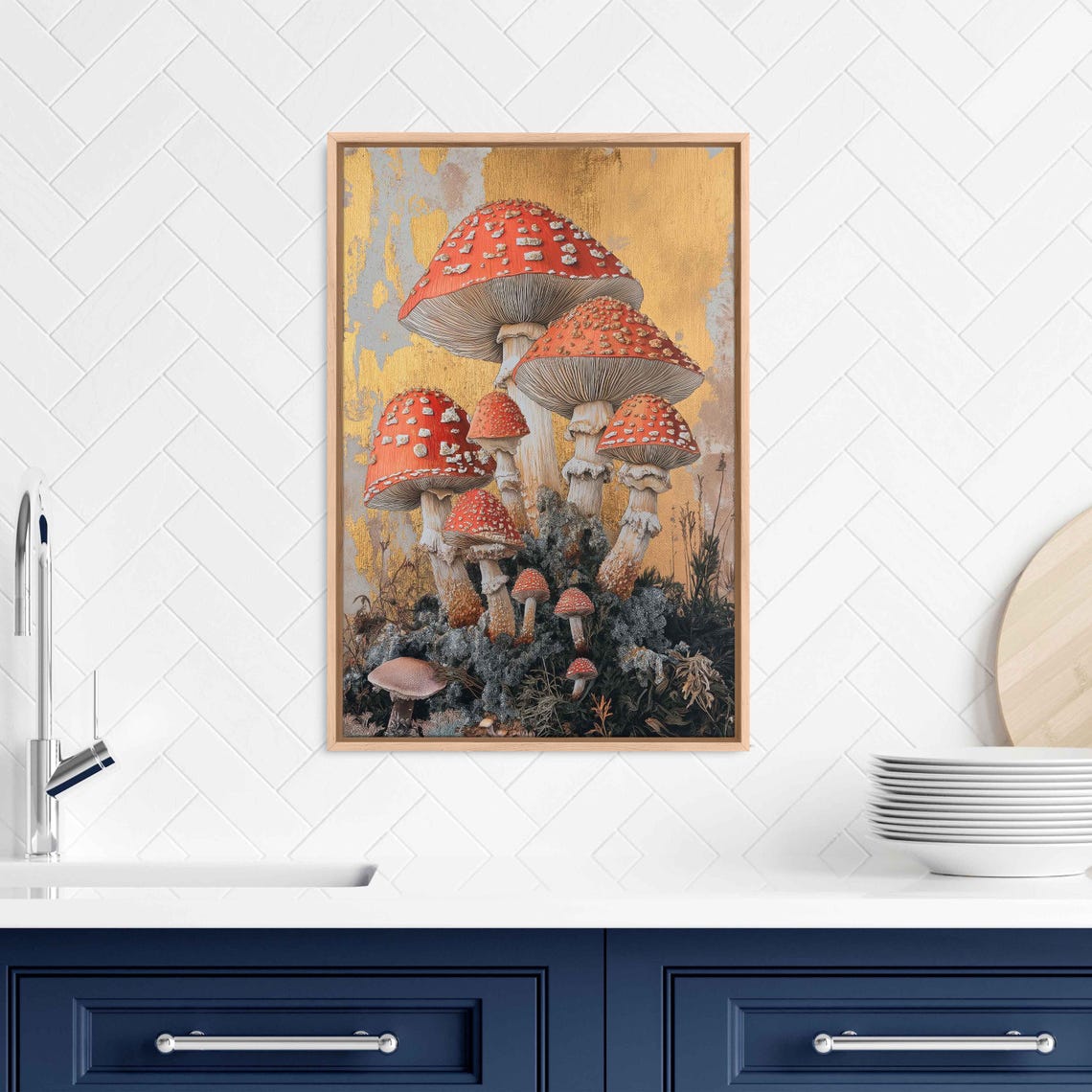 Red Fly Agaric Mushroom Cluster Golden Botanical Whimsical Art Poster