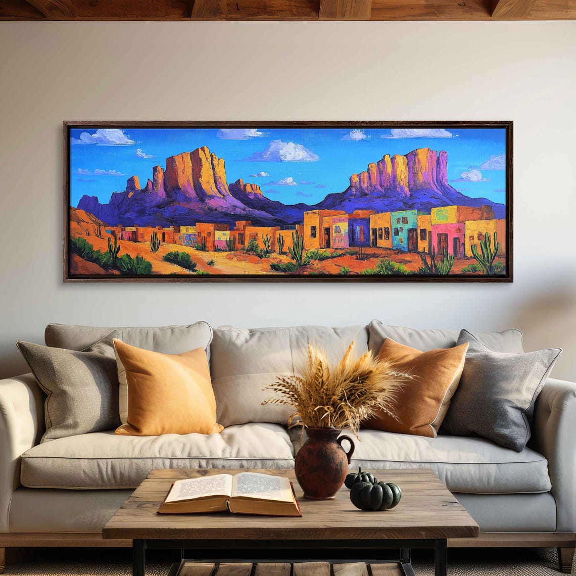 Southwestern Town Landscape Wall Art Print Rustic Adobe Buildings Vibrant Colors Mesas