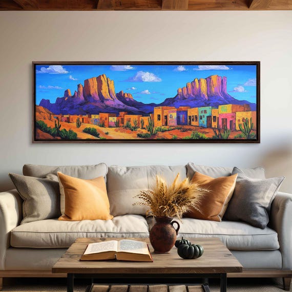 Southwestern Town Landscape Wall Art Print Rustic Adobe Buildings Vibrant Colors Mesas