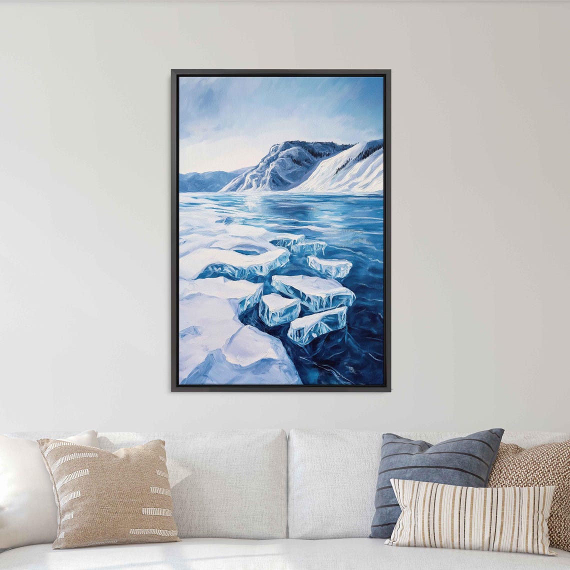 Frozen Lake Winter Blue Ice Patterns Snowy Mountains Landscape Poster