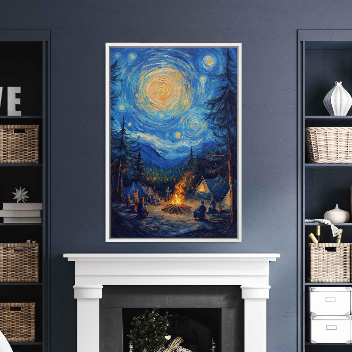 Starry Night Sky Over Campsite Campfire Swirling Oil Painting Art Poster - Image 3