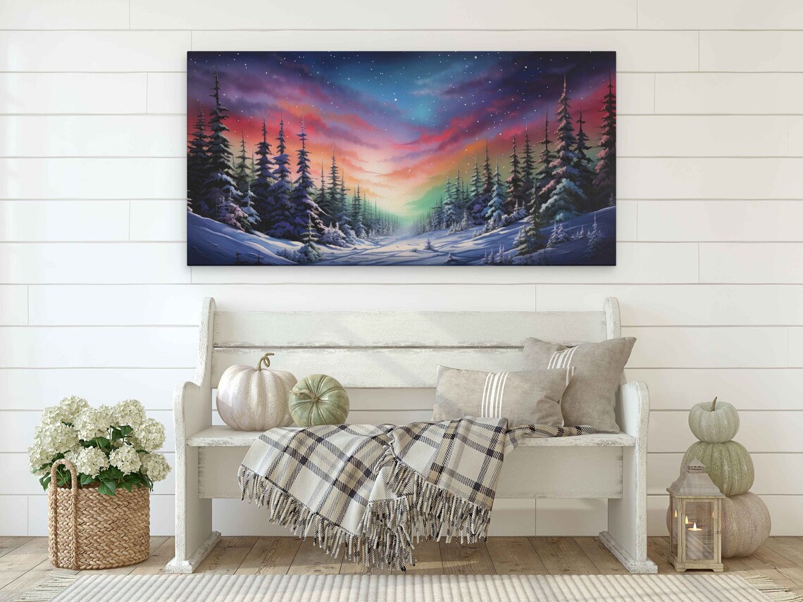 Northern Lights Winter Painting Wall Art Print - Image 2