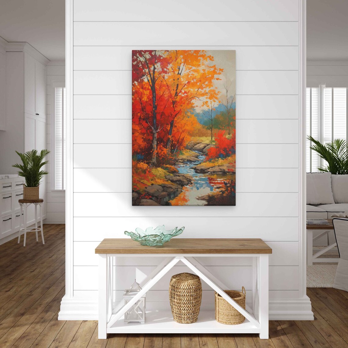 Autumn River Landscape Orange Foliage Rocky Stream Painting Poster - Image 2