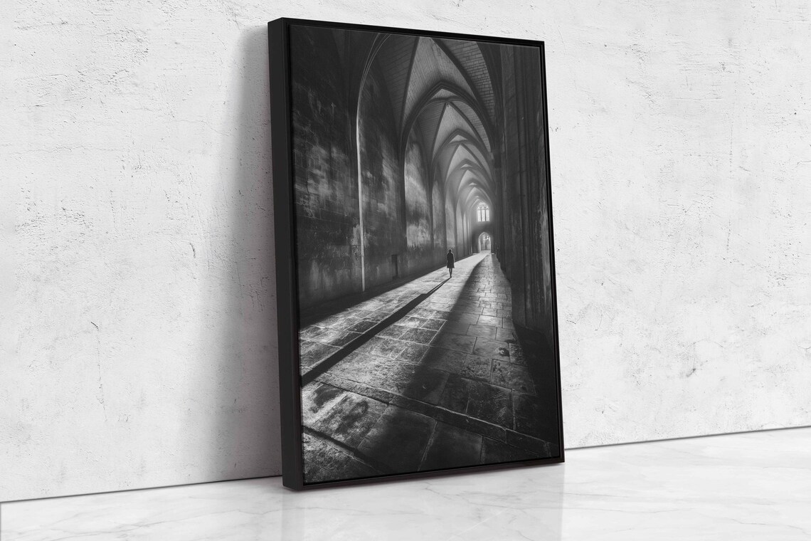 Woman Walking Lonely Gothic Stone Corridor Monochrome Dramatic Art Print - Image 4