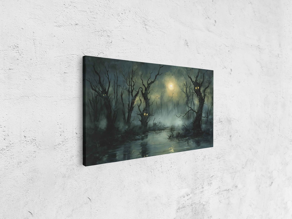 Moonlit Misty Swamp Twisted Dead Trees Glowing Eyes Foggy Print - Image 4
