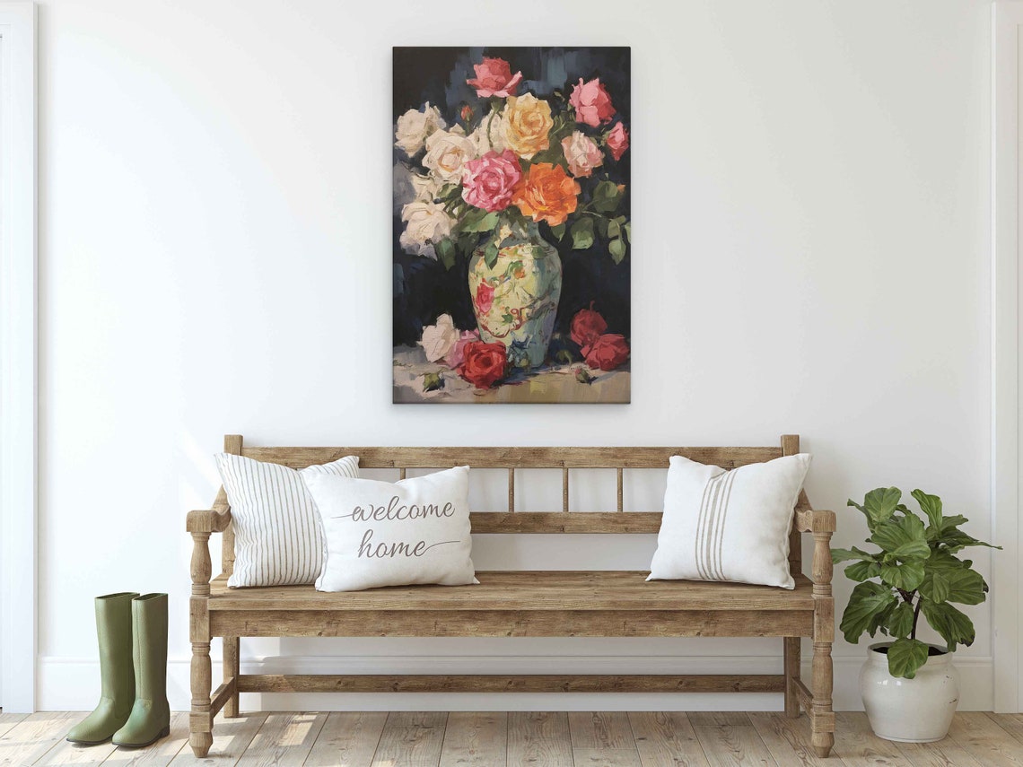 Multicolor Roses Bouquet In Decorative Vase Impressionist Art Poster - Image 2