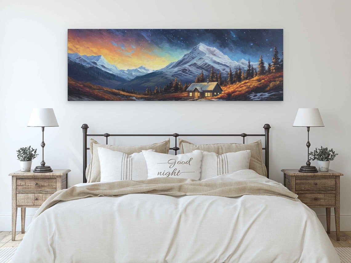 Cozy Mountain Cabin Under Starry Night Snowy Peaks Painting Poster - Image 3